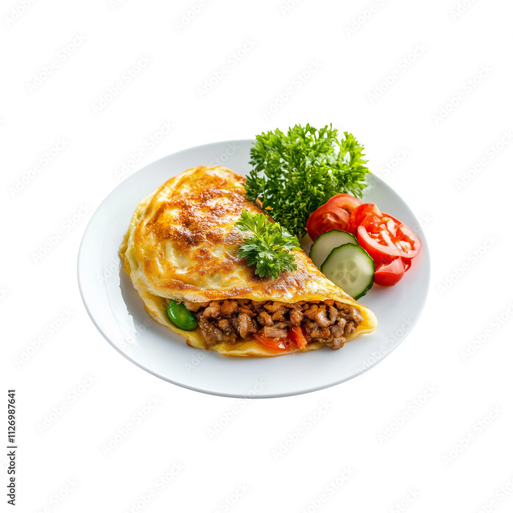 A delicious omelet filled with savory meat, vegetables, isolated on white background A delicious omelet filled with savory meat, vegetables, isolated on white background