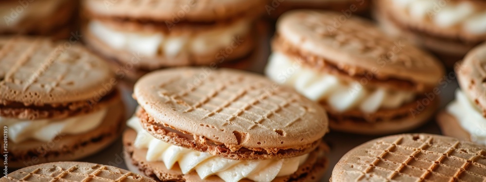 Close-up of sandwich cookies with cream filling Close-up of sandwich cookies with cream filling