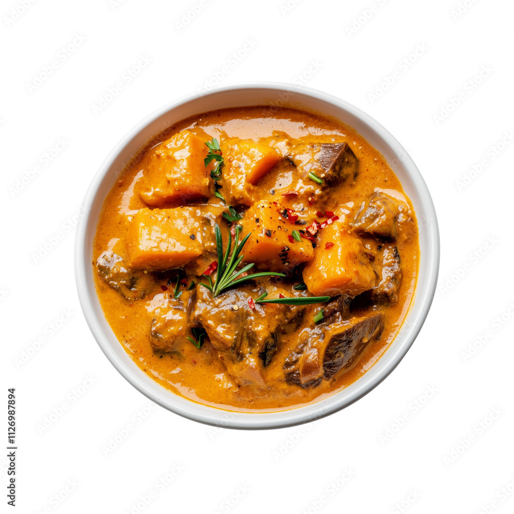 A hearty dish featuring tender meat and sweet potatoes in a rich, isolated on white background A hearty dish featuring tender meat and sweet potatoes in a rich, isolated on white background