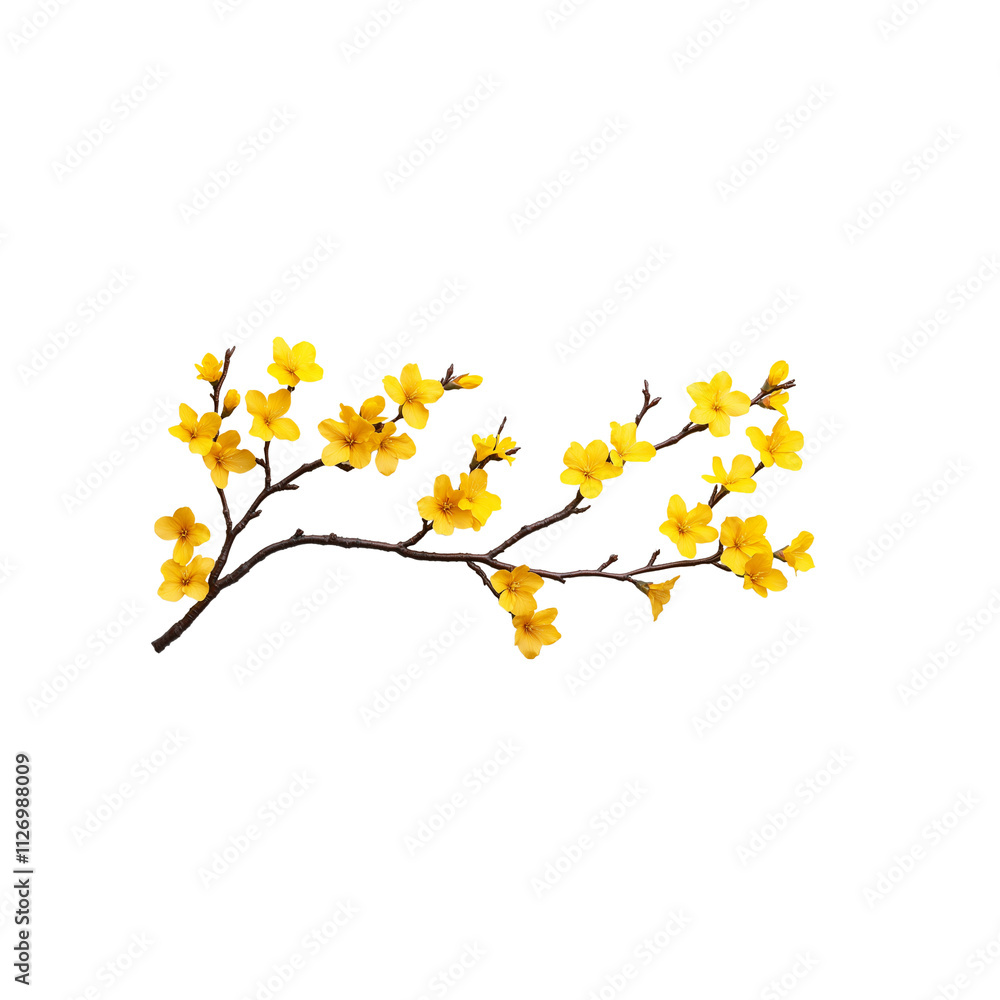A branch adorned with vibrant yellow flowers, isolated on white background A branch adorned with vibrant yellow flowers, isolated on white background