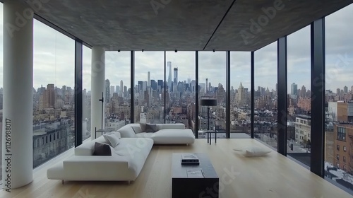 Modern living room with panoramic city views and minimalist design.
