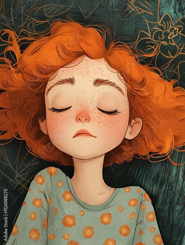 Illustration of a young girl with red hair close eyes