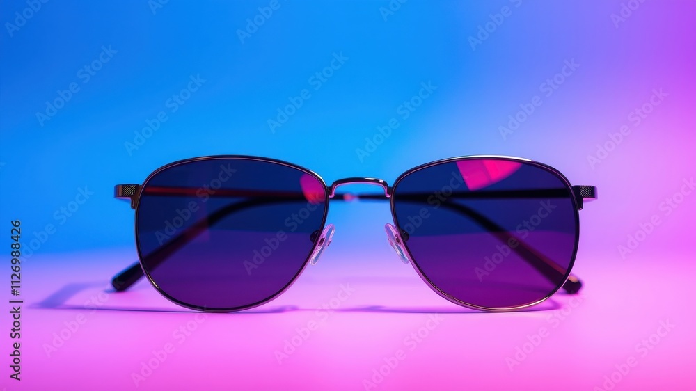Stylish Sunglasses on Vibrant Pink and Blue Background Stylish Sunglasses on Vibrant Pink and Blue Background