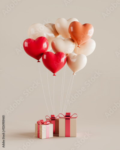 gift box with red hearts, balloons heart shape red and beige and gift boxes on beige color background, valentine concept, 3d rendering.