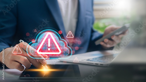 Businessman Managing Cloud Data Security Alert with Advanced Technology, Highlighting Cyber Threats, Warning Systems, and Safe Backup Solutions for Reliable IT Infrastructure and Online Data Safety