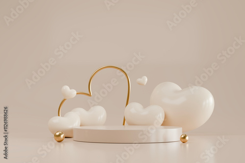 beige or white pedestal with hearts, for product presentation valentine concept, 3d rendering