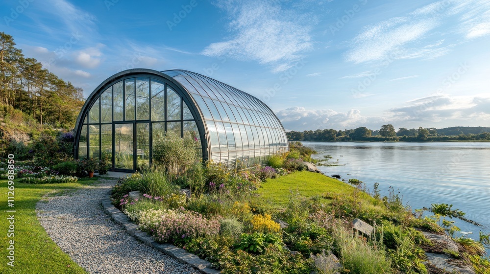 A glass greenhouse by a serene lake, surrounded by vibrant gardens and nature. A glass greenhouse by a serene lake, surrounded by vibrant gardens and nature.