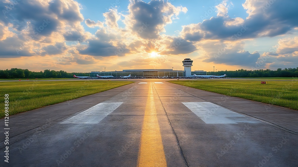 Naklejka premium Airport Runway Sunset Scene With Airplanes And Control Tower