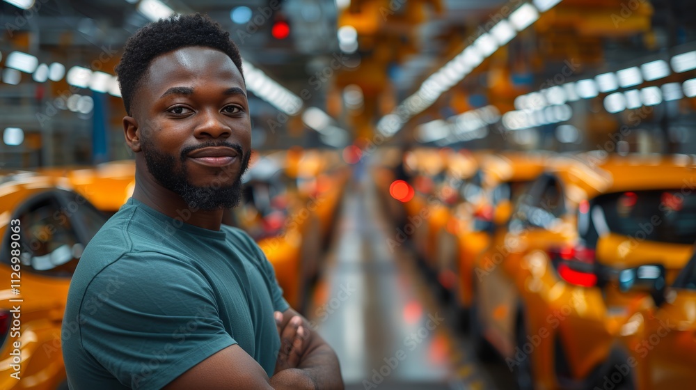 Confident African American Male Engineer With Arms Crossed in Modern Automotive Manufacturing Plant Confident African American Male Engineer With Arms Crossed in Modern Automotive Manufacturing Plant