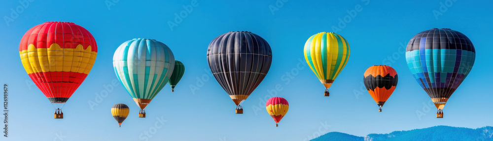 Naklejka premium Feel free flying concept. A vibrant array of colorful hot air balloons floats against a clear blue sky, showcasing a stunning display of patterns and designs.