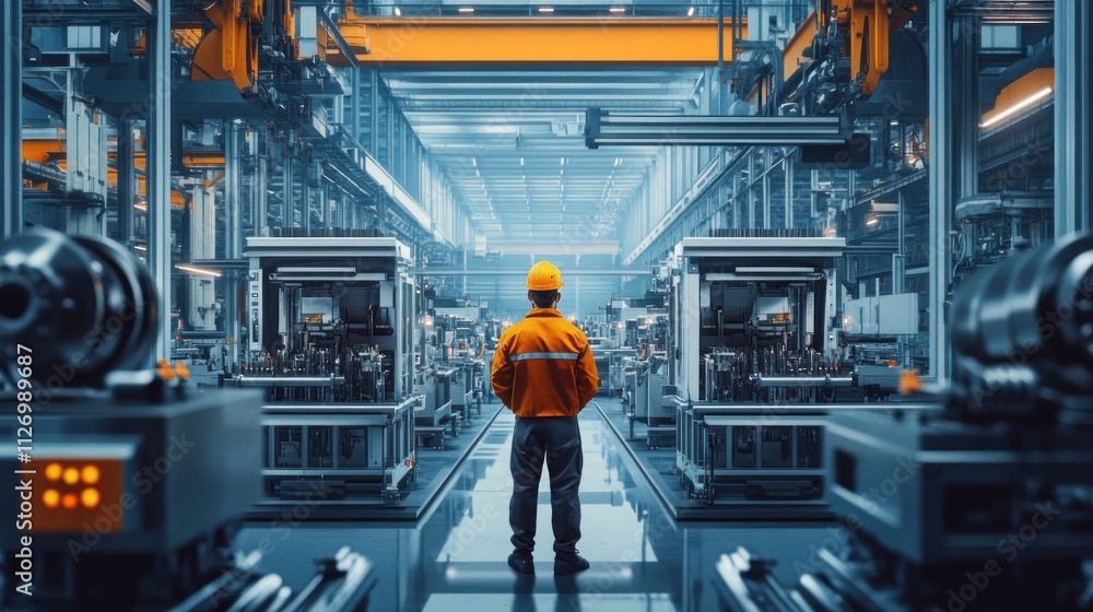 Naklejka premium A factory engineer standing near a large automated assembly line, detailed metal parts being processed, vibrant and high-tech environment