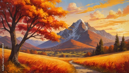 Beautiful autumn landscape with mountain peaks and forest. Digital painting.