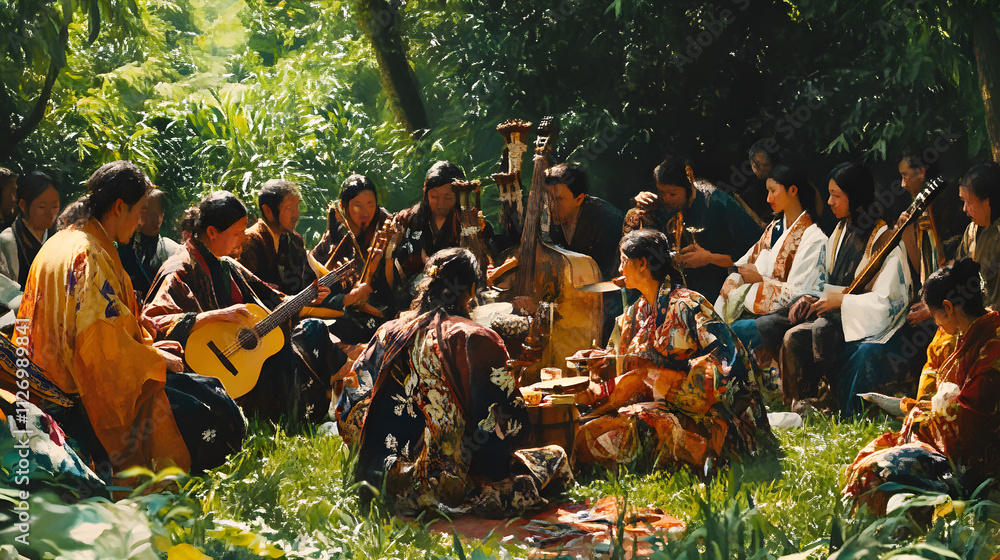Artistic Interpretation of Ainu Traditions and Community Gatherings Surrounded by Nature's Embrace Artistic Interpretation of Ainu Traditions and Community Gatherings Surrounded by Nature's Embrace