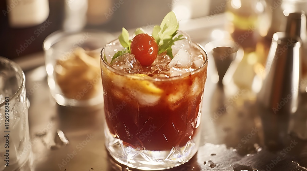 Iced Cocktail Garnished With Cherry And Herbs Iced Cocktail Garnished With Cherry And Herbs