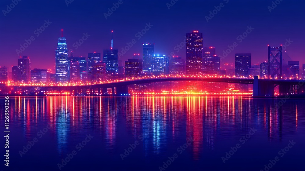Fototapeta premium Night Cityscape Illuminated City Skyline Bridge Reflection