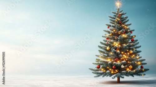 A beautifully decorated Christmas fir tree stands tall against a serene blue background, adorned with twinkling lights, shining ornaments, and a sparkling star on top.