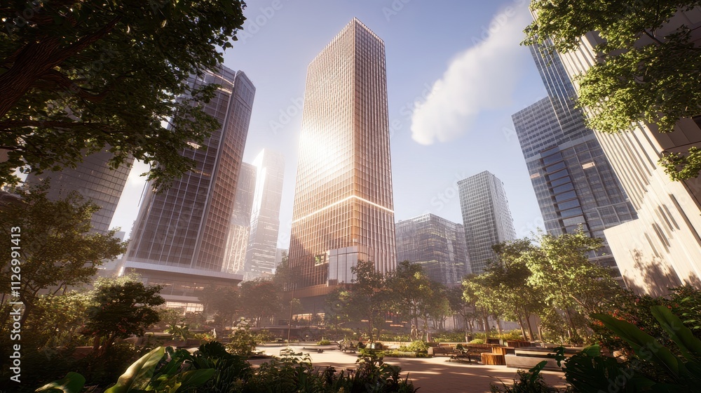 Fototapeta premium Majestic City Skyline with Towering Skyscrapers and Lush Greenery