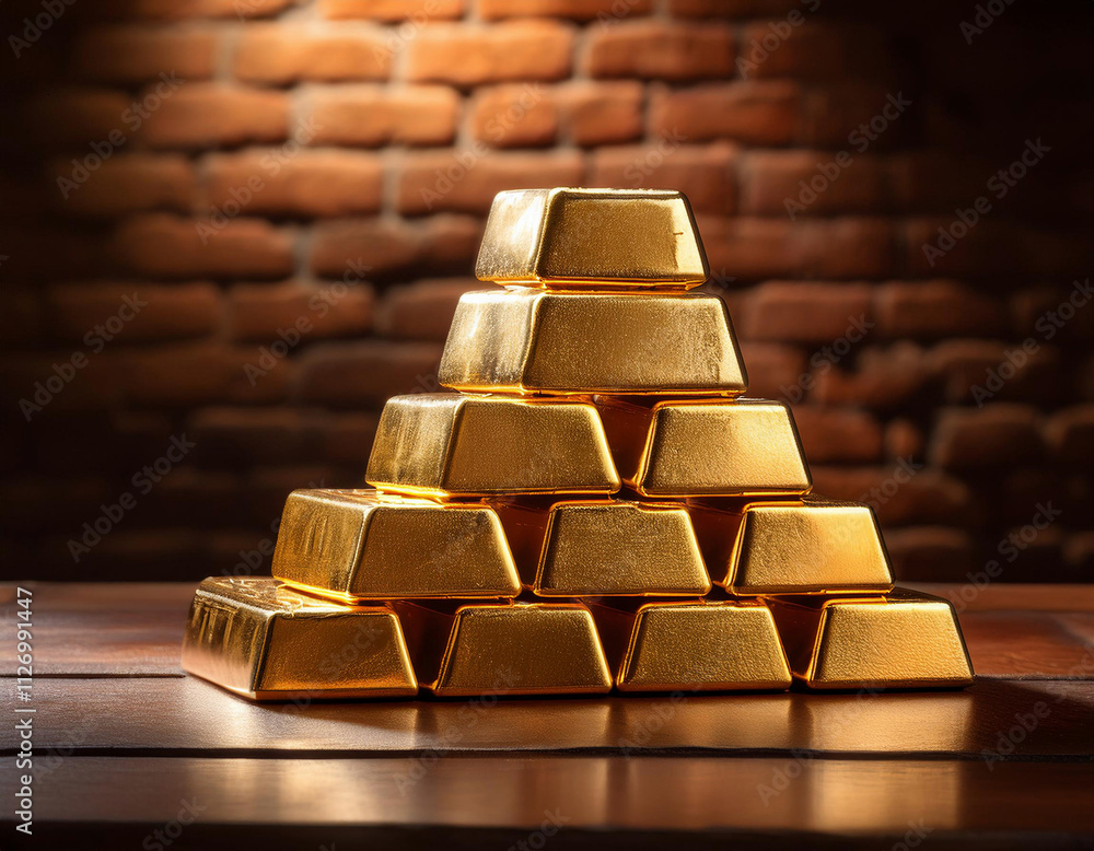 A pyramid of shiny gold bars is stacked on a wooden surface with a warm, illuminated brick wall in the background. A pyramid of shiny gold bars is stacked on a wooden surface with a warm, illuminated brick wall in the background.