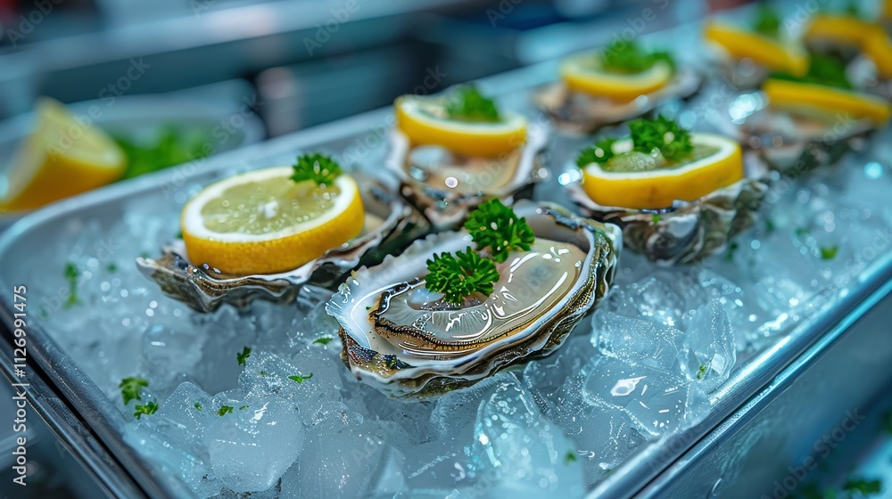 Fresh Oysters Garnished with Lemon and Parsley Served on Ice, Indulgent Seafood Dining Fresh Oysters Garnished with Lemon and Parsley Served on Ice, Indulgent Seafood Dining