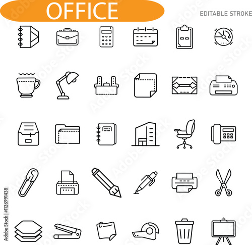 Office Supplies Icons Stationery, Equipment, and Furniture Set