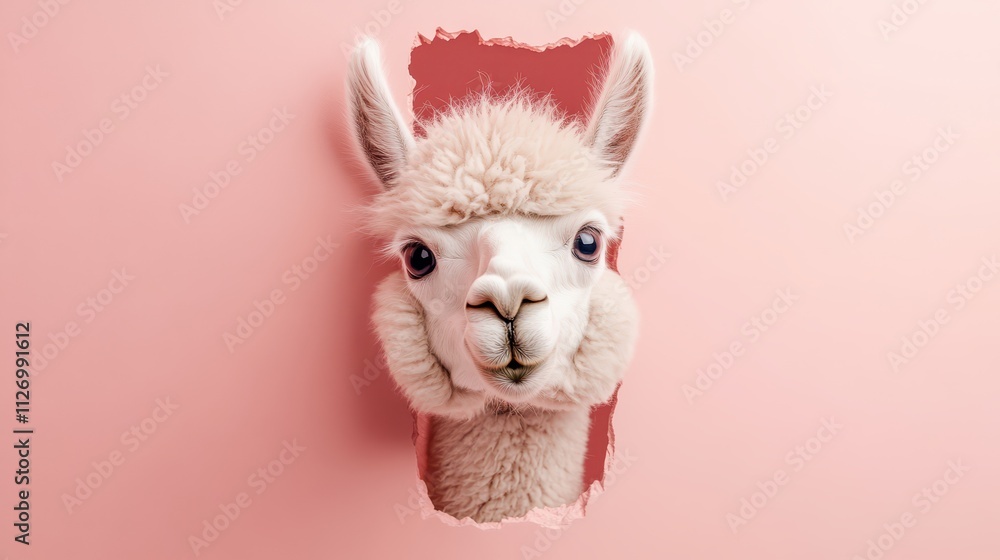 Naklejka premium Adorable Llama with Soft Fur Peeking Through a Torn Pink Wall in a Whimsical Style