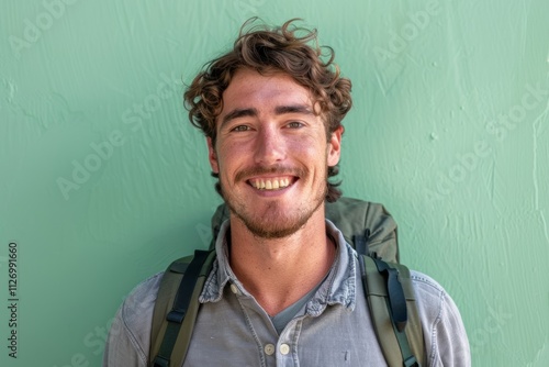 Portrait of a glad man in his 30s sporting a breathable hiking shirt in front of pastel green background photo