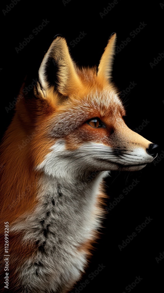 Obraz premium A detailed profile of a fox against a black background, showcasing its features.