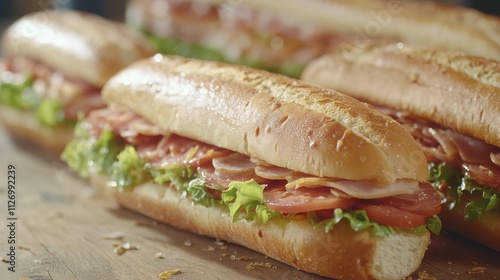 Freshly Made Sub Sandwiches with Layers of Vegetables, Meats, and Sandwich Bread on a Rustic Wooden Table in a Well-Lit Setting