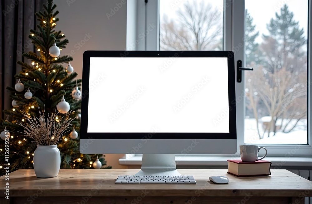 Fototapeta premium Computer Monitor with a white screen mock up on table in the cozy home office of Christmas decor with Christmas tree and window with snowy winter outside.