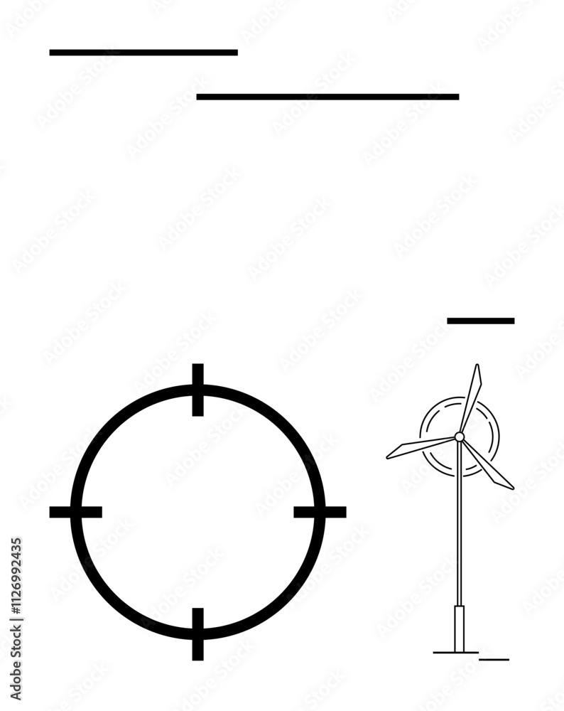 Target symbol next to wind turbine. Ideal for sustainable energy, clean power, renewable resources, environmental goals, strategic planning, eco-friendly initiatives, innovation. Line metaphor Target symbol next to wind turbine. Ideal for sustainable energy, clean power, renewable resources, environmental goals, strategic planning, eco-friendly initiatives, innovation. Line metaphor