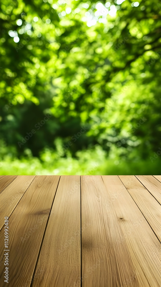 Wooden Tabletop, Green Blurred Background Illustration Wooden Tabletop, Green Blurred Background Illustration