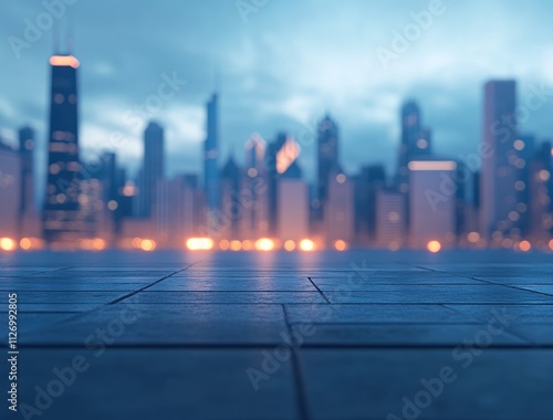 A city skyline at dusk with illuminated buildings and a reflective surface in the foreground.