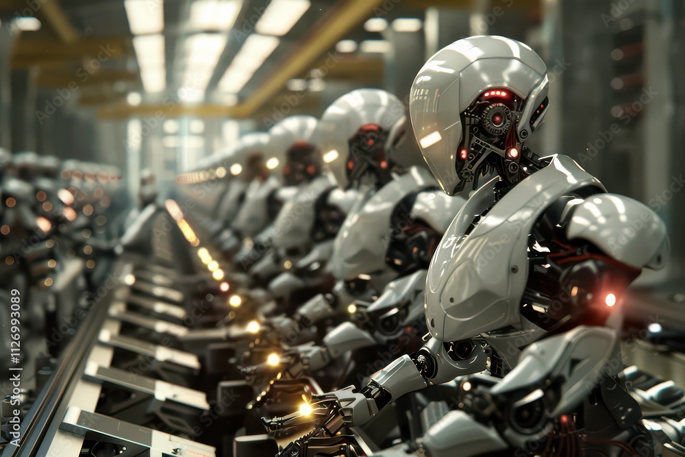 Futuristic Assembly Line with Glowing Robots Futuristic Assembly Line with Glowing Robots