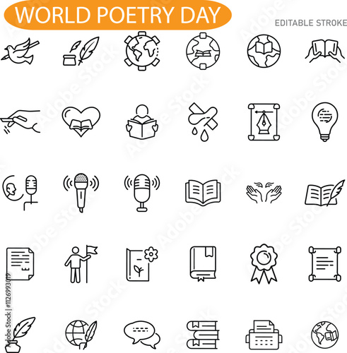 World Poetry Day Icons, Literature, Peace, Creativity, Writing, Reading, Globe, Quill, Books, Poems