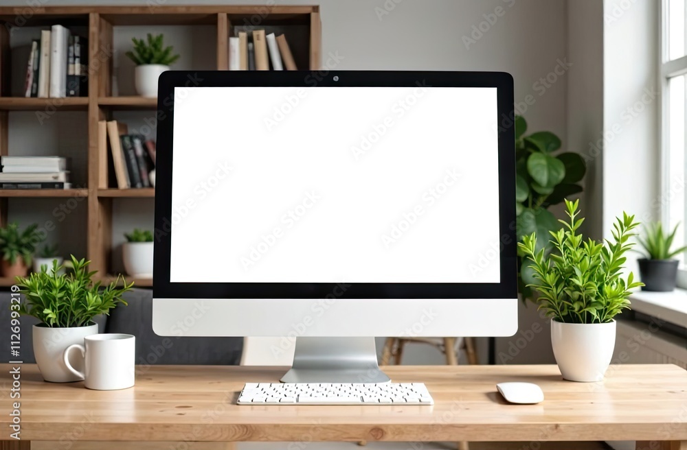 Computer Monitor with a white screen mock up on table in cozy home office with potted plants, bookshelf And white cup of coffee. Computer Monitor with a white screen mock up on table in cozy home office with potted plants, bookshelf And white cup of coffee.