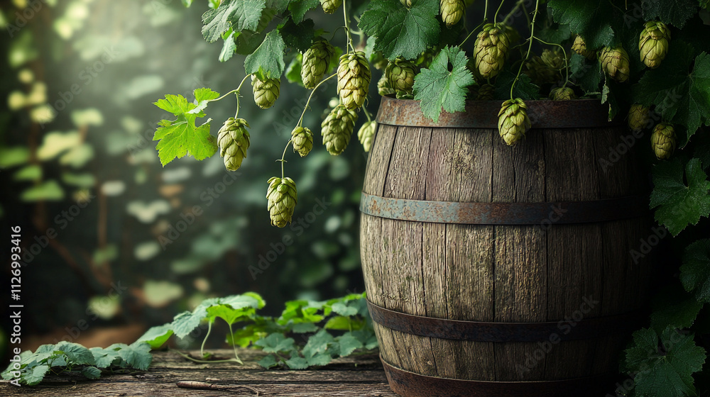 custom made wallpaper toronto digitalGrowing hops in a wooden barrel surrounded by lush greenery in a serene garden setting
