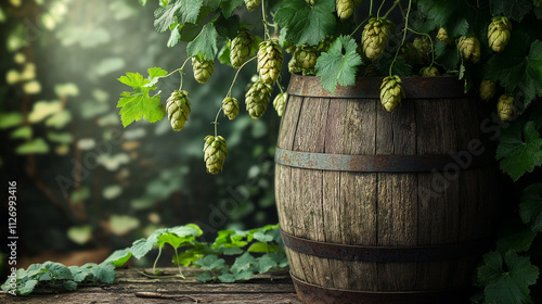 Wallpaper Mural Growing hops in a wooden barrel surrounded by lush greenery in a serene garden setting Torontodigital.ca