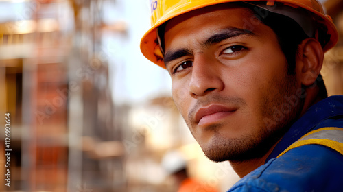 Dedicated Hispanic Construction Worker Collaborating in Dynamic Construction Site Full of Team Activity and Equipment