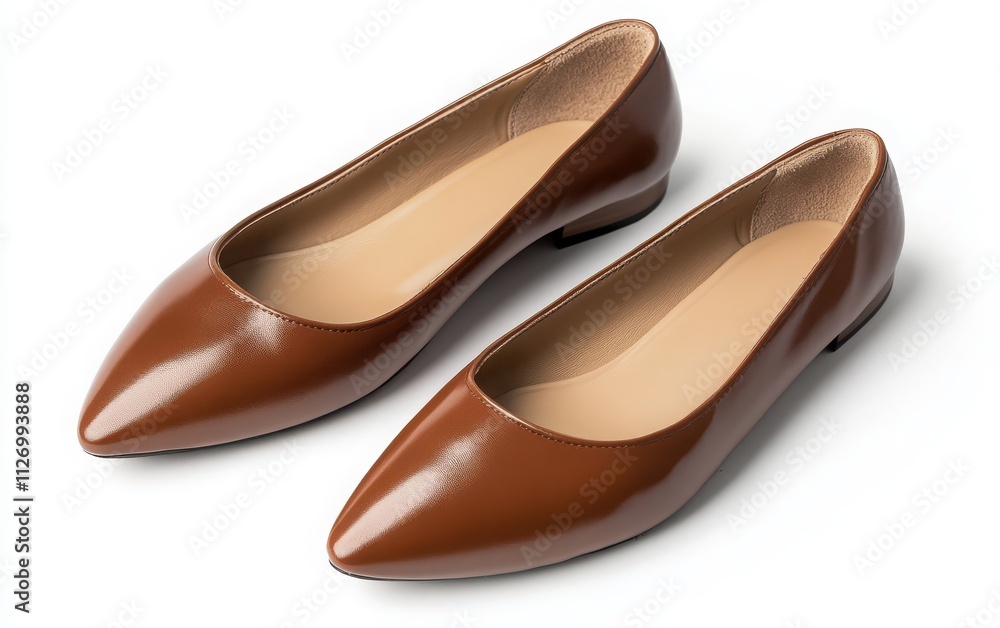 Detailed of brown women's glossy leather ballet flats in a flat lay style, highlighting the texture, clean sharp focus Detailed of brown women's glossy leather ballet flats in a flat lay style, highlighting the texture, clean sharp focus