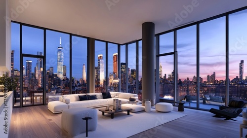 Modern living room with panoramic city skyline view at dusk.