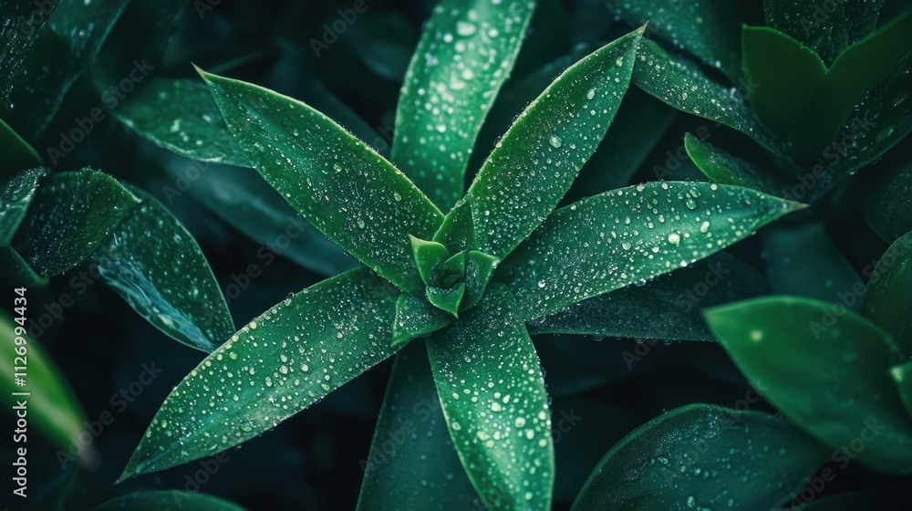 Fototapeta premium Fresh green succulent leaves with water droplets glistening in soft light, showcasing their vibrant textures.