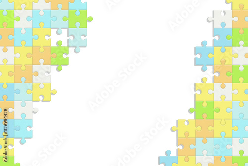 明るいパステルカラーのパズルが左右に広がるジグソーパズルの模様