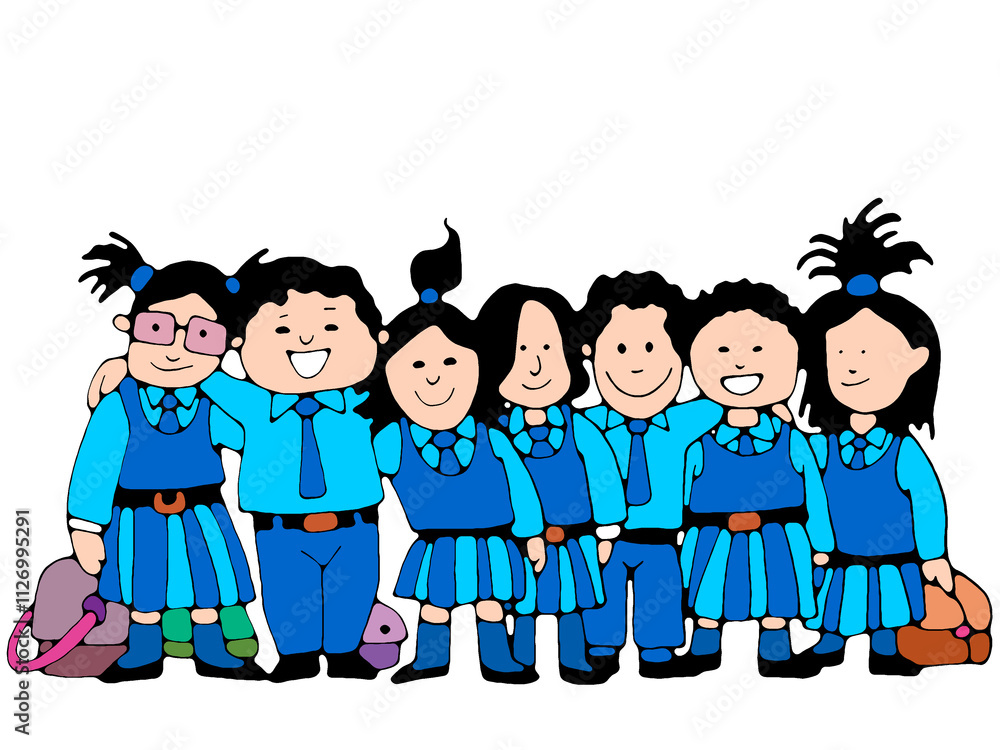 Illustration of happy school children standing together Illustration of happy school children standing together