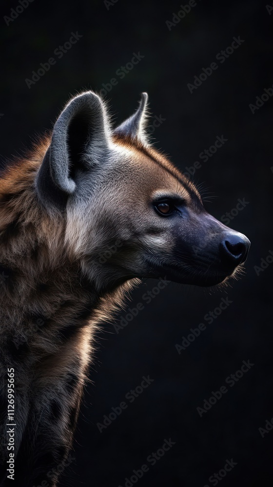 A close-up profile of a hyena against a dark background, showcasing its features. A close-up profile of a hyena against a dark background, showcasing its features.