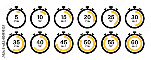 Timer, clock, stopwatch countdown icon set with 5 minutes gap in yellow color vector illustration on white background. Set of timers. 5, 10, 15, 20, 25, 30, 35, 40, 45, 50, 55, and 60 minutes.
