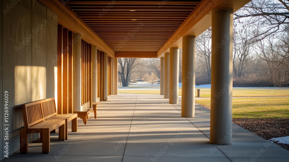 A serene corridor with wooden benches and natural light, inviting relaxation and contemplation. A serene corridor with wooden benches and natural light, inviting relaxation and contemplation.