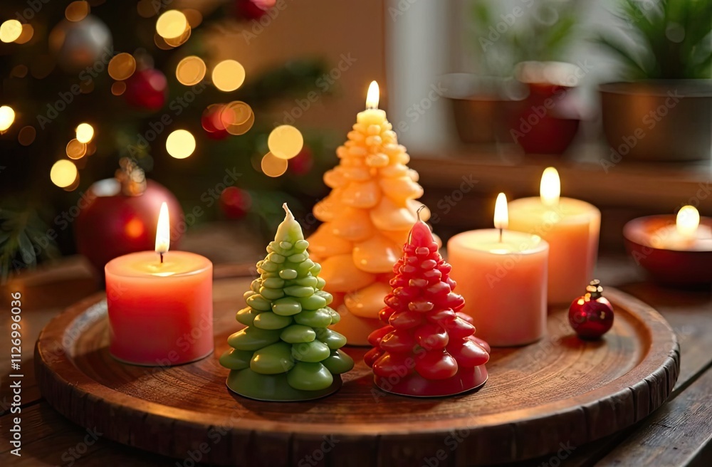 Handmade candle in form of Christmas tree on a Christmas background. Gift, present, craft for New Year and Christmas gift. Hobby candle and soap making, home made. Handmade candle in form of Christmas tree on a Christmas background. Gift, present, craft for New Year and Christmas gift. Hobby candle and soap making, home made.