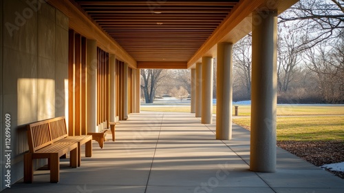 A serene corridor with wooden benches and natural light, inviting relaxation and contemplation. photo