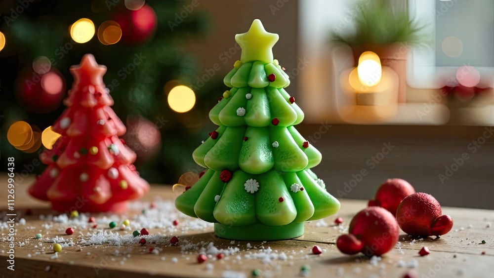 Handmade candle in form of Christmas tree on a Christmas background. Gift, present, craft for New Year and Christmas gift. Hobby candle and soap making, home made.