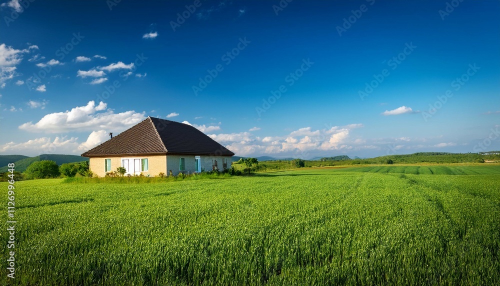 traditional rural house with vast green farmland under a blue sky traditional rural house with vast green farmland under a blue sky